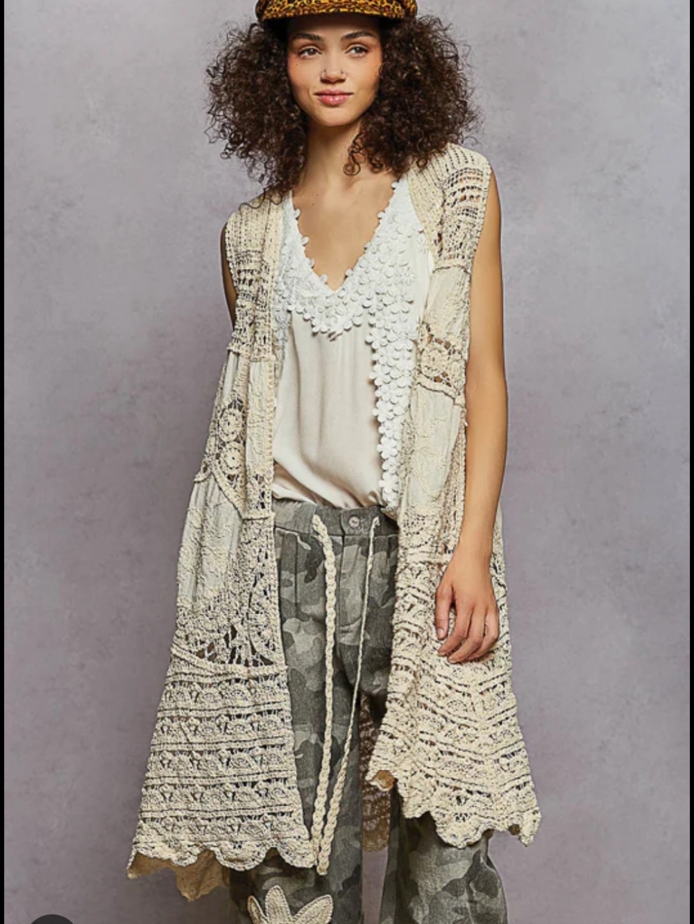 POL Cream Open-Weave Crochet Midi Sleeveless Cardigan